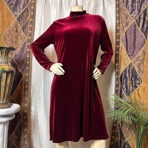 Burgundy Long Sleeve Velvet High Neck Dress